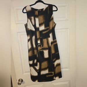 VENUS Abstract Midi Dress in Black, White, and Brown